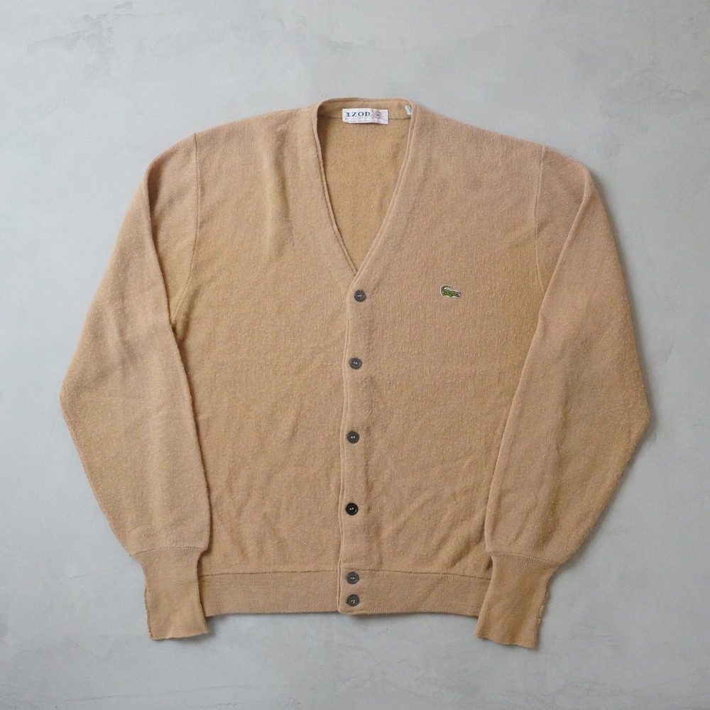 Vintage Izod Lacoste Cardigan Sweater Large Mens 70s Tan Orlon Acrylic V-Neck